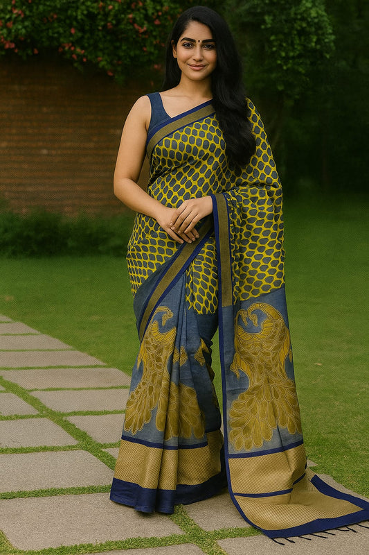 House of Sisuu Olive Green & Navy Paper Silk Matchbox Saree with Peacock Motif