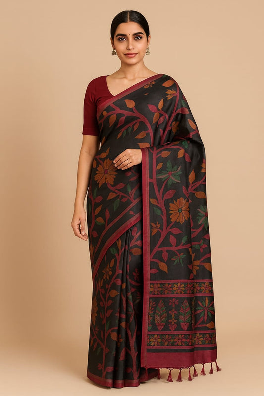 House of Sisuu Black Rajshahi Silk Floral Elegance Saree