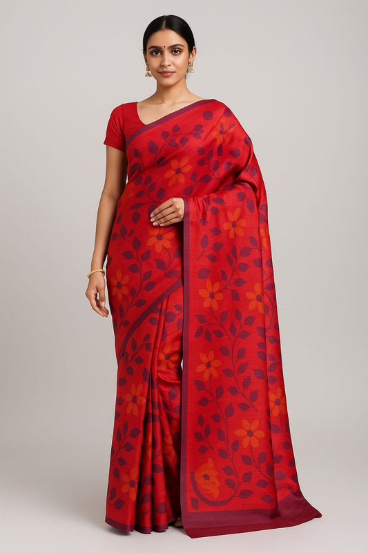 House of Sisuu Crimson Red Rajshahi Silk Saree with Orange Floral Motifs