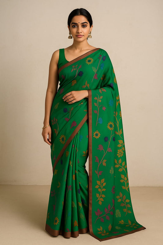 House of Sisuu Emerald Green Rajshahi Silk Saree with Multicolor Floral Weave