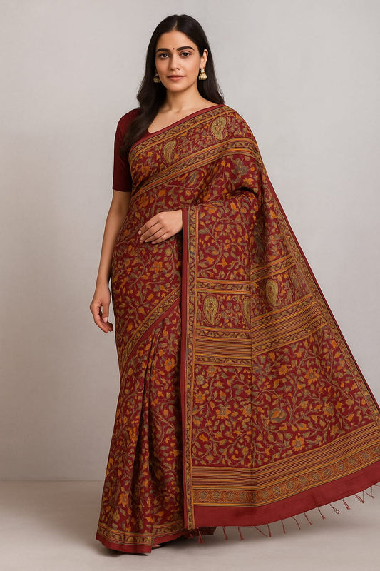 House of Sisuu Maroon Ghicha Silk Saree with Intricate Floral & Paisley Weave