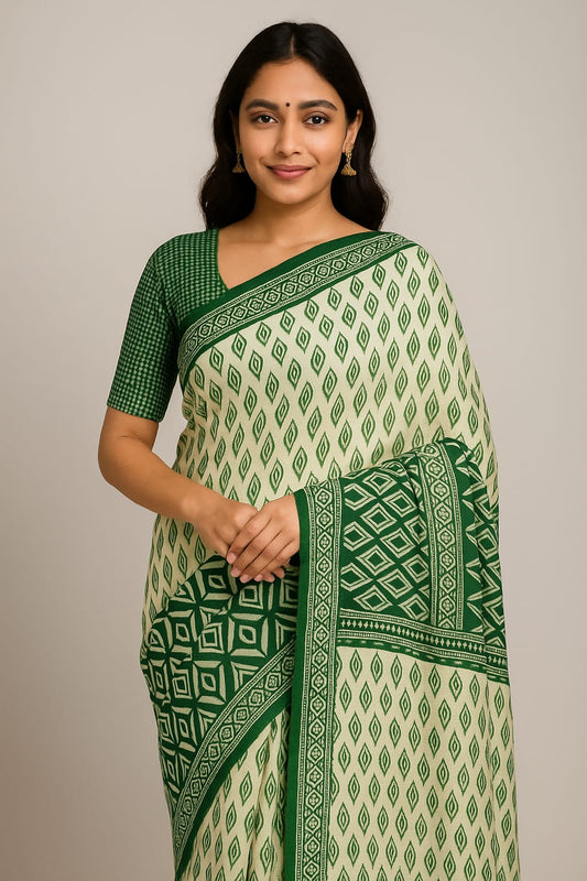 House of Sisuu Green & Cream Ghicha Silk Saree with Geometric Print