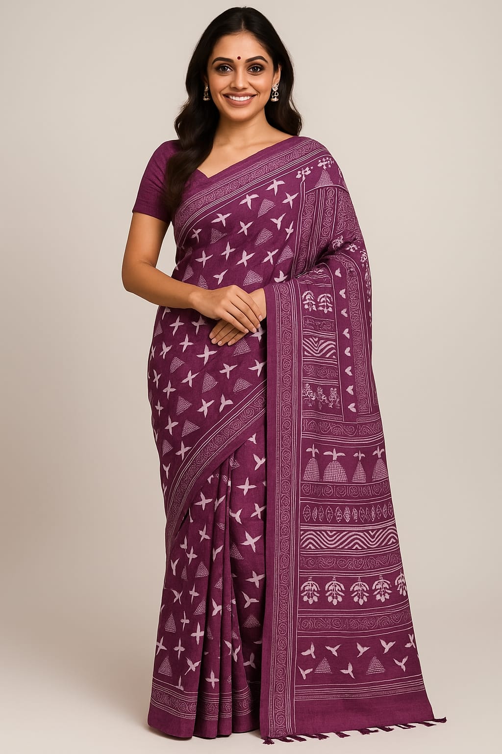 House of Sisuu Purple Ghicha Silk Saree with White Printed Motifs