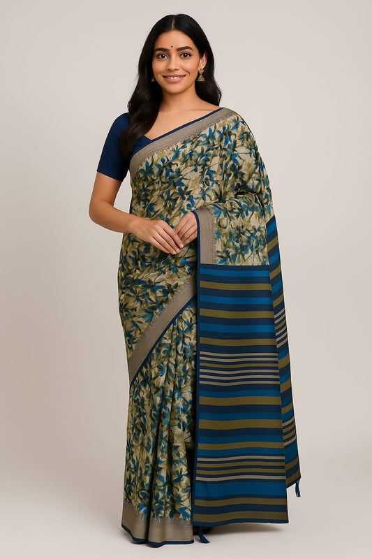 House of Sisuu Olive Green & Blue Ghicha Silk Saree with Floral Print and Striped Pallu