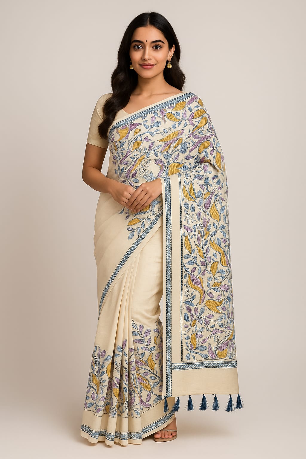 House of Sisuu Cream Ghicha Silk Saree with Multicolor Printed Floral Design