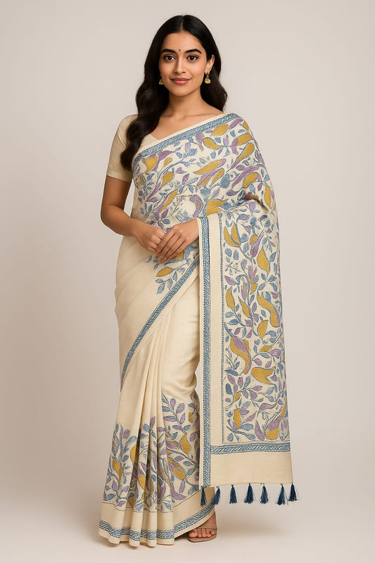 House of Sisuu Cream Ghicha Silk Saree with Multicolor Printed Floral Design