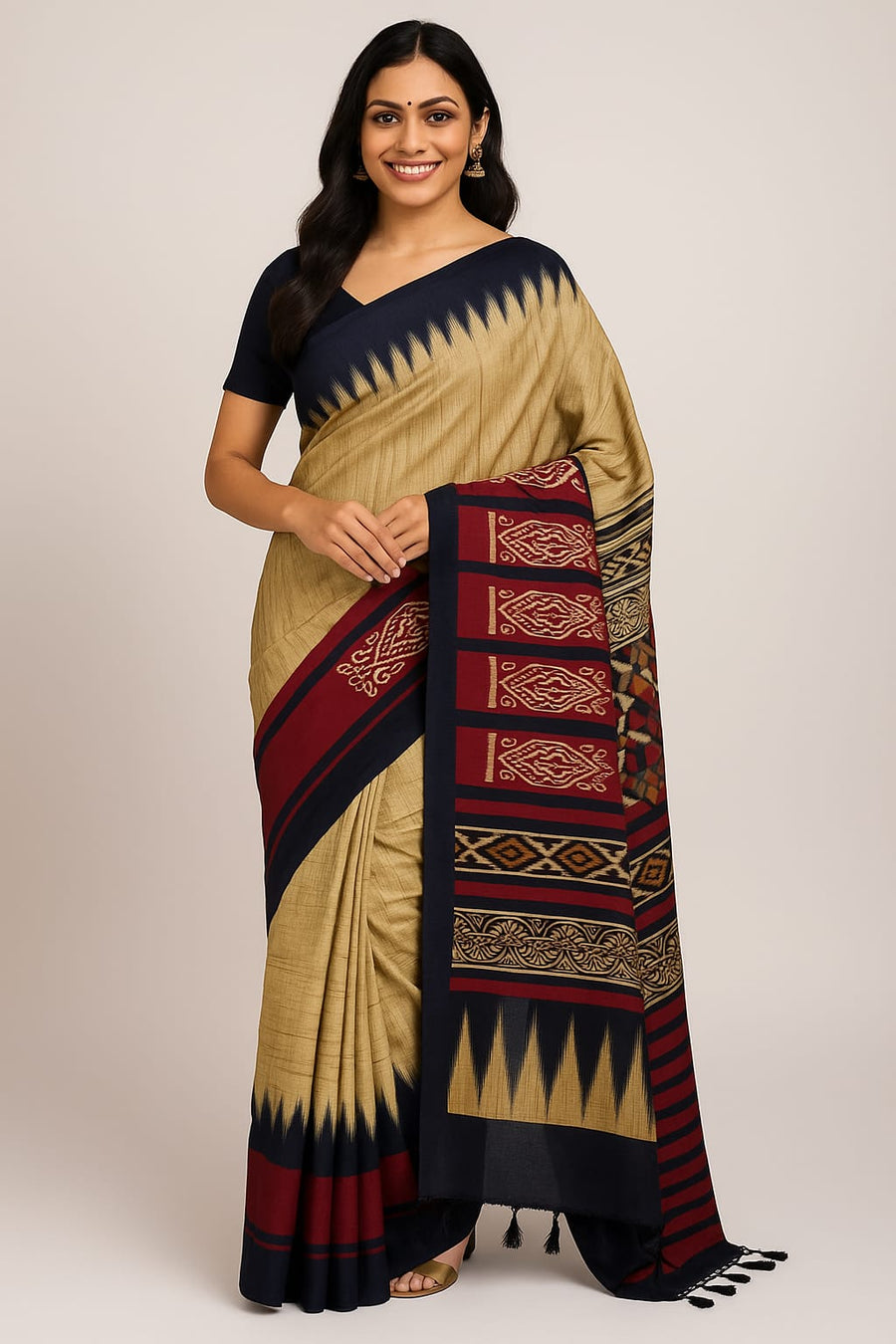 House of Sisuu Beige & Maroon Ghicha Silk Saree with Geometric & Tribal Print
