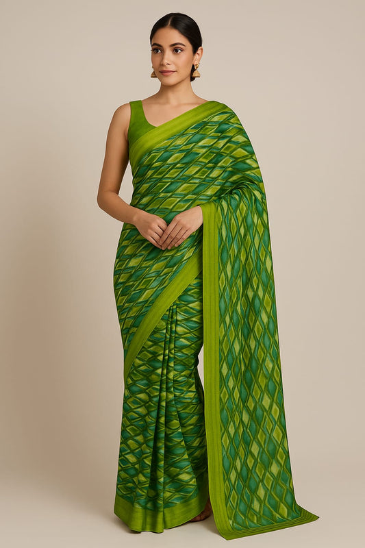 House of Sisuu Lime Green Ghicha Silk Saree with Geometric Print