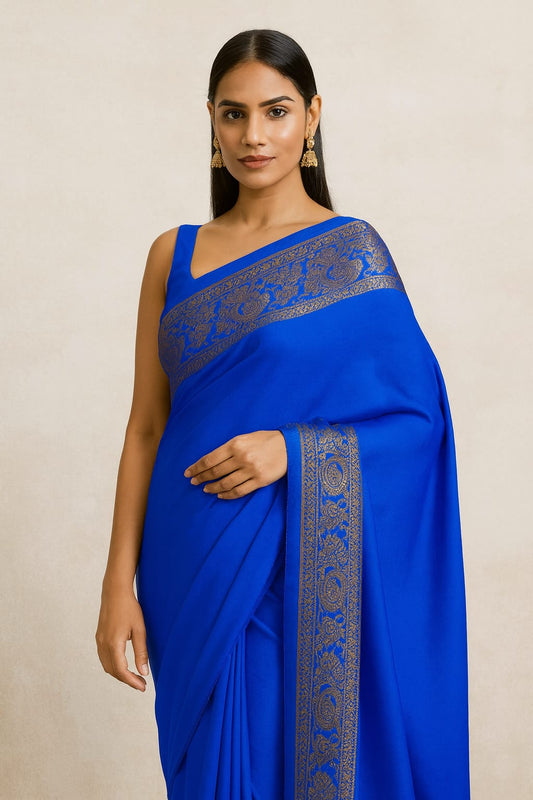 House of Sisuu Royal Blue Chiffon Saree with Intricate Golden Border