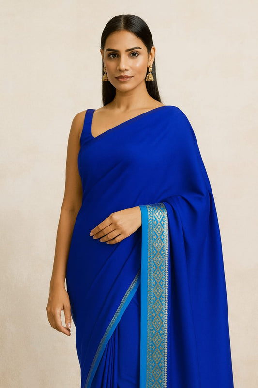 House of Sisuu Royal Blue Semi Mysore Silk Saree with Sky Blue Zari Border
