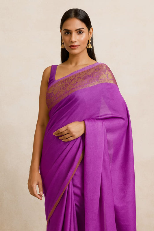 House of Sisuu Lavender Chiffon Saree with Golden Woven Border