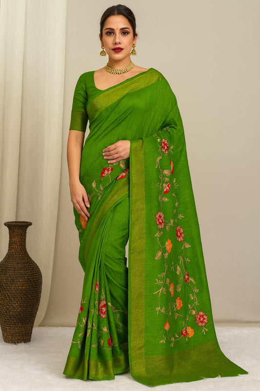 House of Sisuu Green Jute Cotton Saree with Floral Embroidery