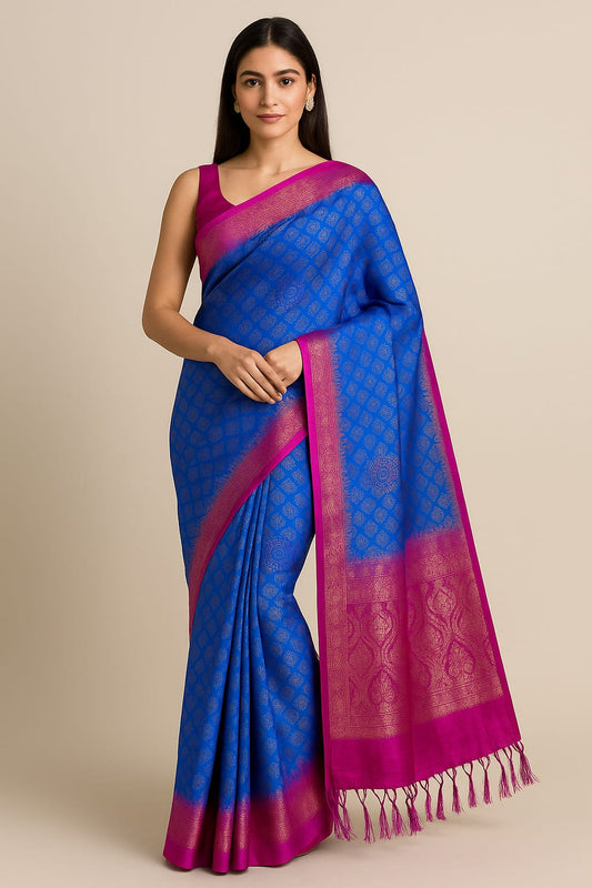 House of Sisuu Royal Blue & Pink Kubera Pattu Silk Saree with Zari Weave