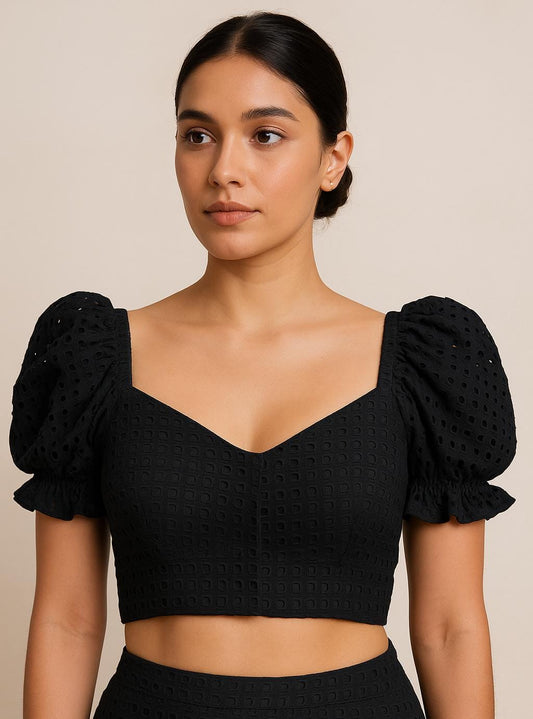 House of Sisuu Black Cotton Puff Sleeve Designer Blouse