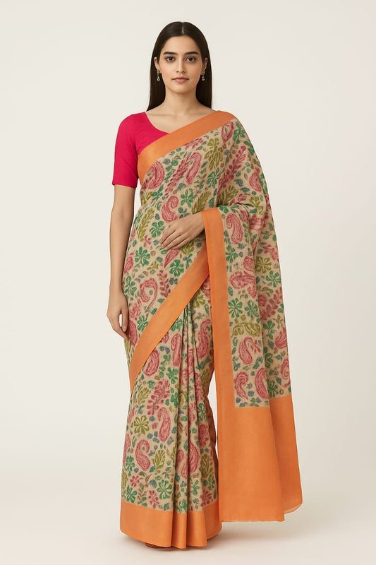 House of Sisuu Orange Border Kuberapattu Silk Saree with Paisley & Floral Print