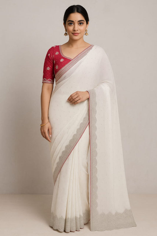 House of Sisuu White Georgette Designer Saree with Silver Border