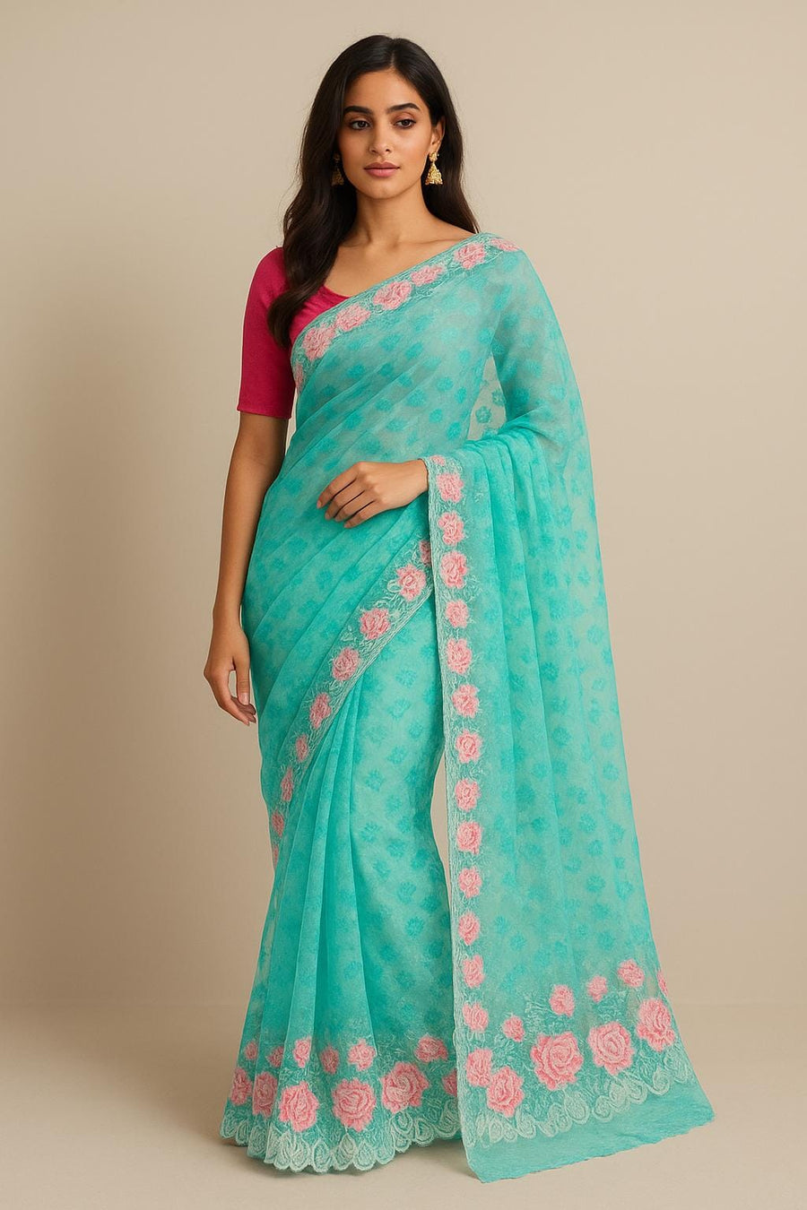 House of Sisuu Aqua Blue Organza Saree with Pink Floral Embroidery