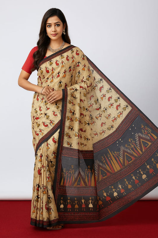 House of Sisuu Beige Paper Silk Matchbox Saree with Tribal Dance Art Pallu