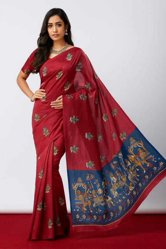 House of Sisuu Maroon Paper Silk Matchbox Saree with Mythical Motif Pallu