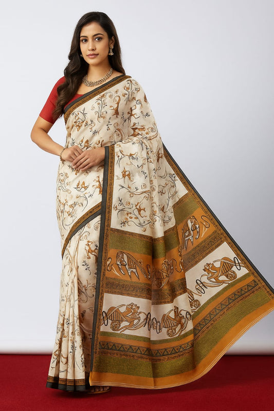 House of Sisuu Ivory Paper Silk Matchbox Saree with Vintage Epic Art Pallu