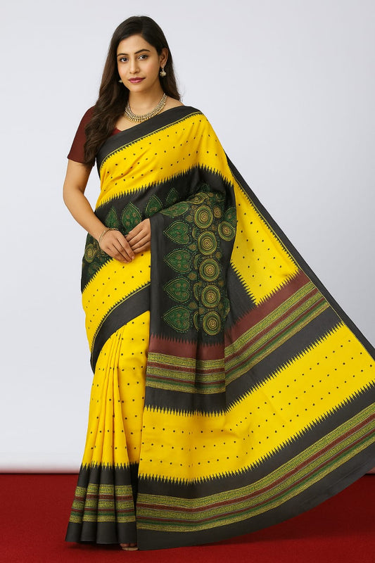 House of Sisuu Sunshine Yellow Paper Silk Matchbox Saree with Tribal Motif Pallu