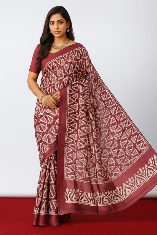 House of Sisuu Dark Pink Paper Silk Matchbox Saree with Geometric Tribal Print