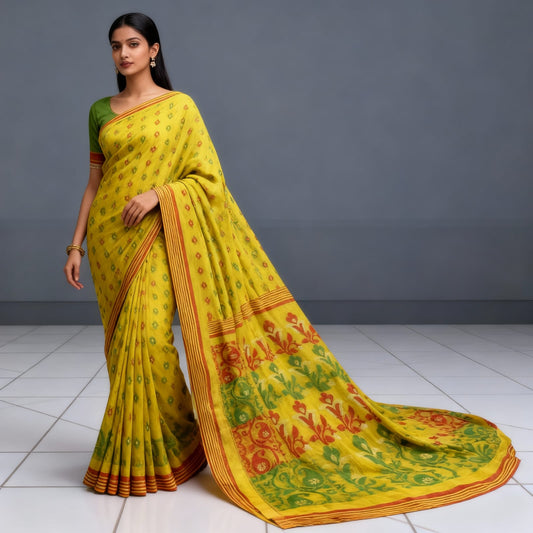 House of Sisuu Yellow & Green Soft Jamdani Saree – Handwoven Festive Elegance