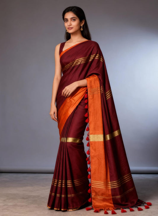House of Sisuu Elegant Khadi Slub Handloom Saree – Maroon & Golden Zari