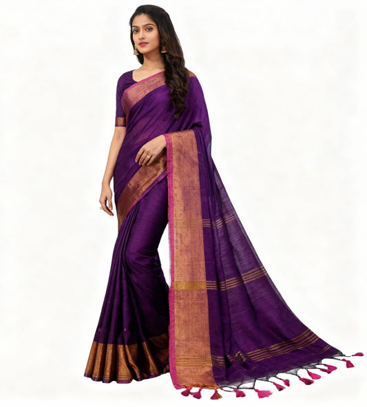 House of Sisuu Elegant Khadi Slub Handloom Saree – Royal Purple with Golden Zari Border