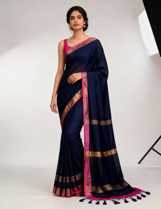 House of Sisuu Elegant Khadi Slub Handloom Saree – Navy Blue with Golden Zari Border