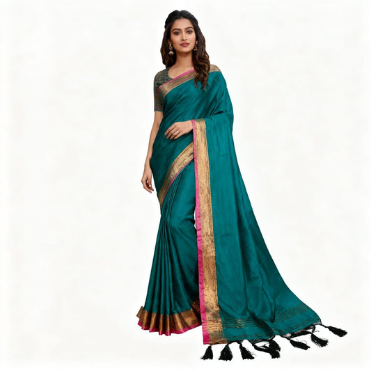 House of Sisuu Elegant Khadi Slub Handloom Saree – Teal Green with Golden Zari Border
