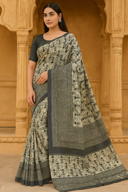 House of Sisuu Elegant Ghicha Silk Saree – Grey with Black Tribal Print