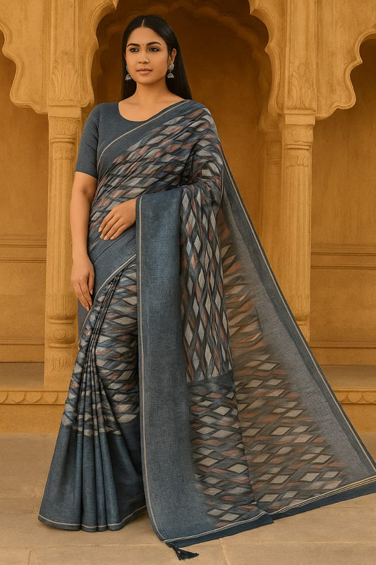 House of Sisuu Elegant Ghicha Silk Saree – Grey with Geometric Print