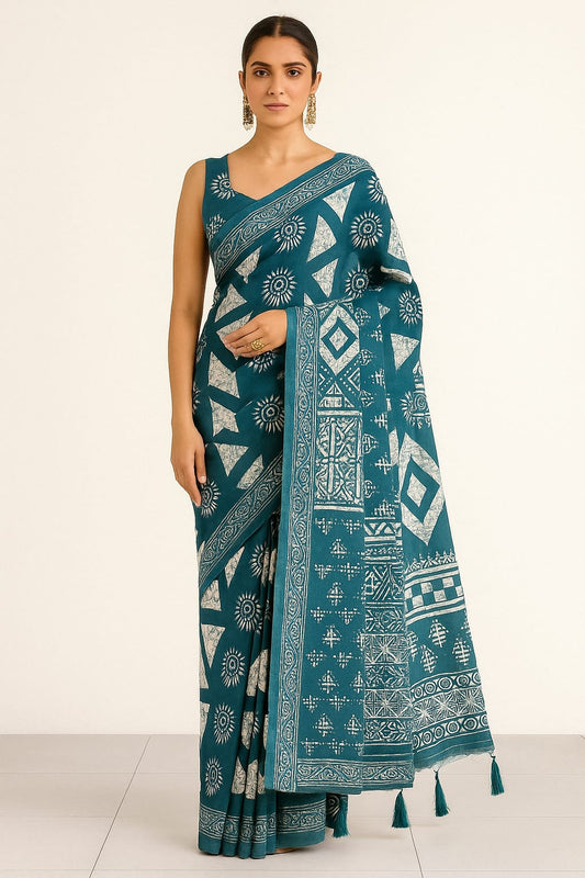 House of Sisuu Elegant Ghicha Silk Saree – Teal Blue with White Tribal Print