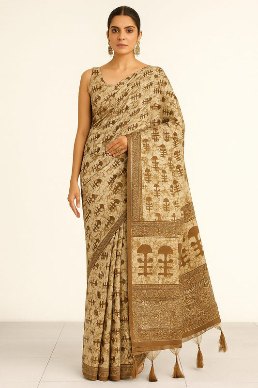 House of Sisuu Elegant Ghicha Silk Saree – Beige & Brown Tribal Print