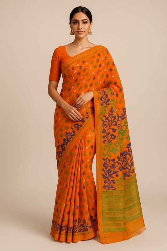 House of Sisuu Orange & Green Soft Jamdani Saree – Handwoven Floral Elegance