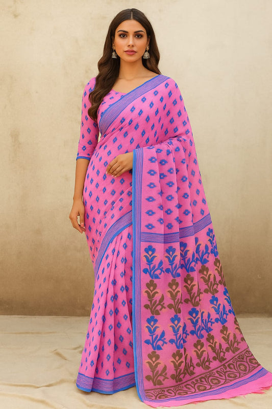 House of Sisuu Pink & Blue Soft Jamdani Saree – Handwoven Grace with Floral Pallu