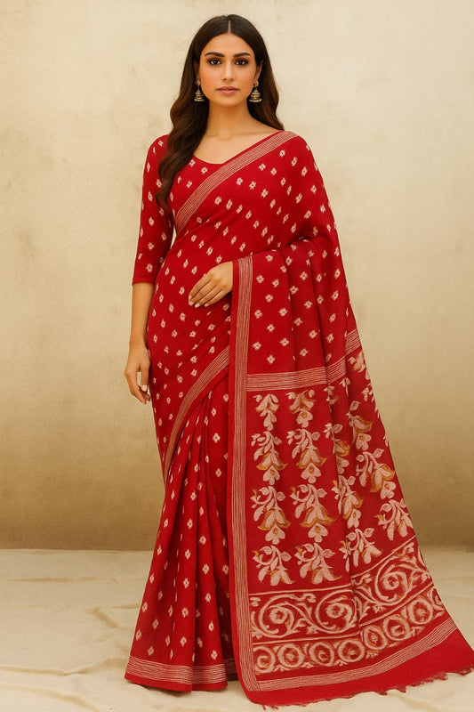 House of Sisuu Red Soft Jamdani Saree – Handwoven Floral Heritage Elegance