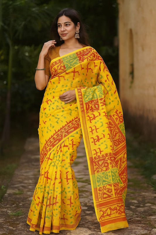 House of Sisuu Yellow Soft Jamdani Saree – Handwoven Geometric Elegance