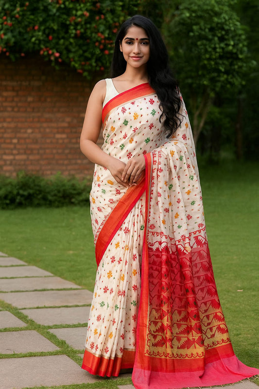 House of Sisuu White Paper Silk Matchbox Saree with Multicolor Jamdani Print & Red Border