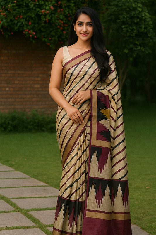 House of Sisuu Beige Paper Silk Matchbox Saree with Maroon & Black Striped Design