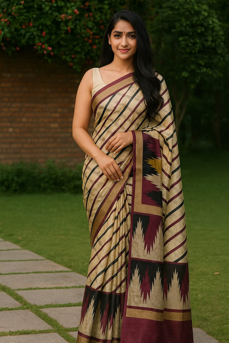 House of Sisuu Beige Paper Silk Matchbox Saree with Maroon & Black Striped Design