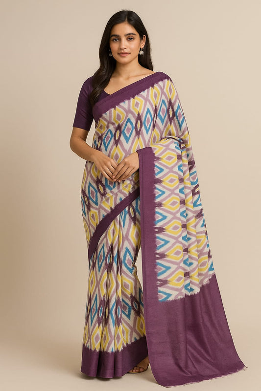 House of Sisuu Purple Ikat Print Paper Silk Matchbox Saree