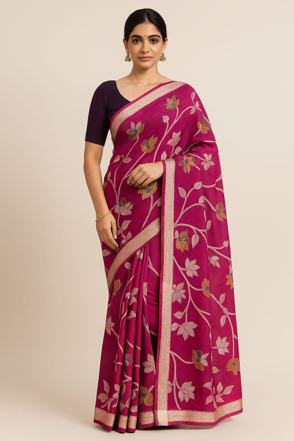 House of Sisuu Magenta Bapta Silk Saree with Golden Zari Floral Weaving & Contrast Border