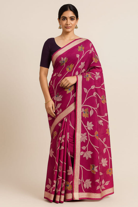House of Sisuu Magenta Bapta Silk Saree with Golden Zari Floral Weaving & Contrast Border