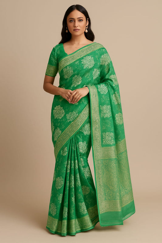 House of Sisuu Sea Green Bapta Silk Saree with Intricate Golden Zari Weaving