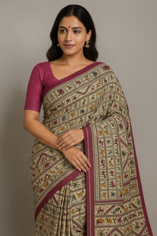 House of Sisuu Handwoven Ghicha Silk Saree with Tribal Motif Print