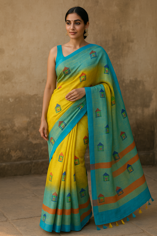 House of Sisuu Handloom Cotton Yellow & Turquoise Embroidered Saree