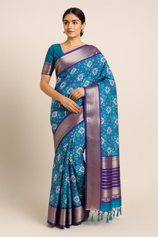 House of Sisuu Blue Pochampally Silk Saree with Silver Zari Border