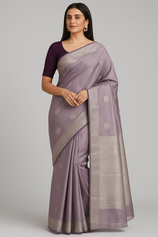 House of Sisuu Lavender Kanjivaram Silk Saree with Silver Zari Border & Polka Design